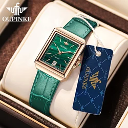 OUPINKE Women's Wrist Watch Quartz Watch For Women Green Leather Watches Top Brand Luxury Square Dial Waterproof Luminous