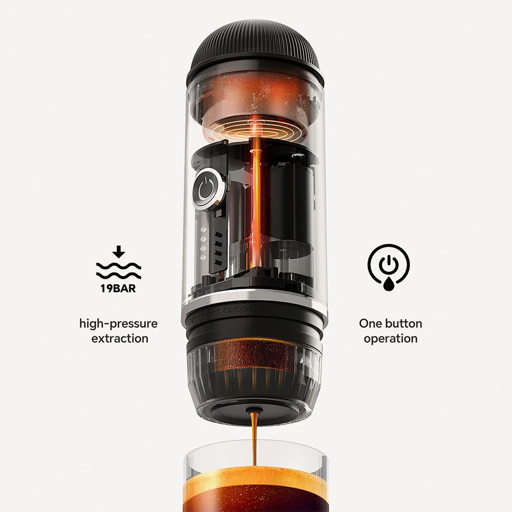 ماكينة قهوة اسبريسو محمولة لاسلكية 19 بار تسخين تلقائي مناسب كبسولة وصانع قهوة أرضي للسفر لمكتب التخييم