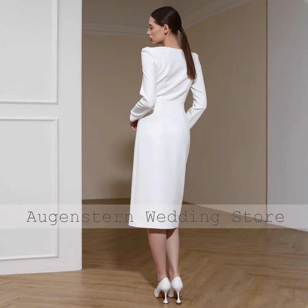 Vestido de noiva curto com decote em v para mulheres, vestido de noiva comprimento chá, mangas compridas, cruzado, vestidos simples, branco, noiva, 2024