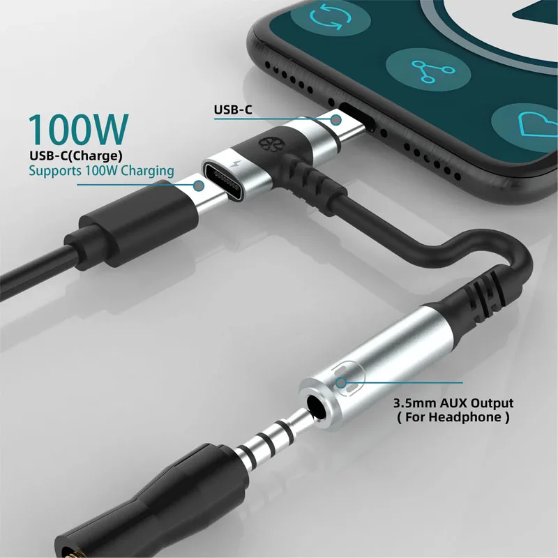 سماعات أذن USB C إلى 3.5 ملم ومحول شاحن 2 في 1 C-type إلى مقبس ميكروفون Aux، مع دونجل تشفير سريع الشحن PD 100 وات