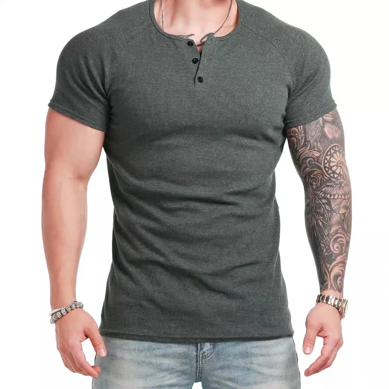 

Solid Tight Sports T-shirts for Men Summer Henry Neck Short Sleeves American High Stretch Retro Tees Casual Gym Clothing