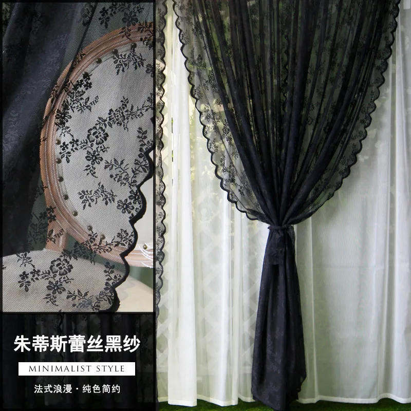 French retro black lace curtains embroidered tulle jacquard hollowed out curtains for living room kitchen partition window