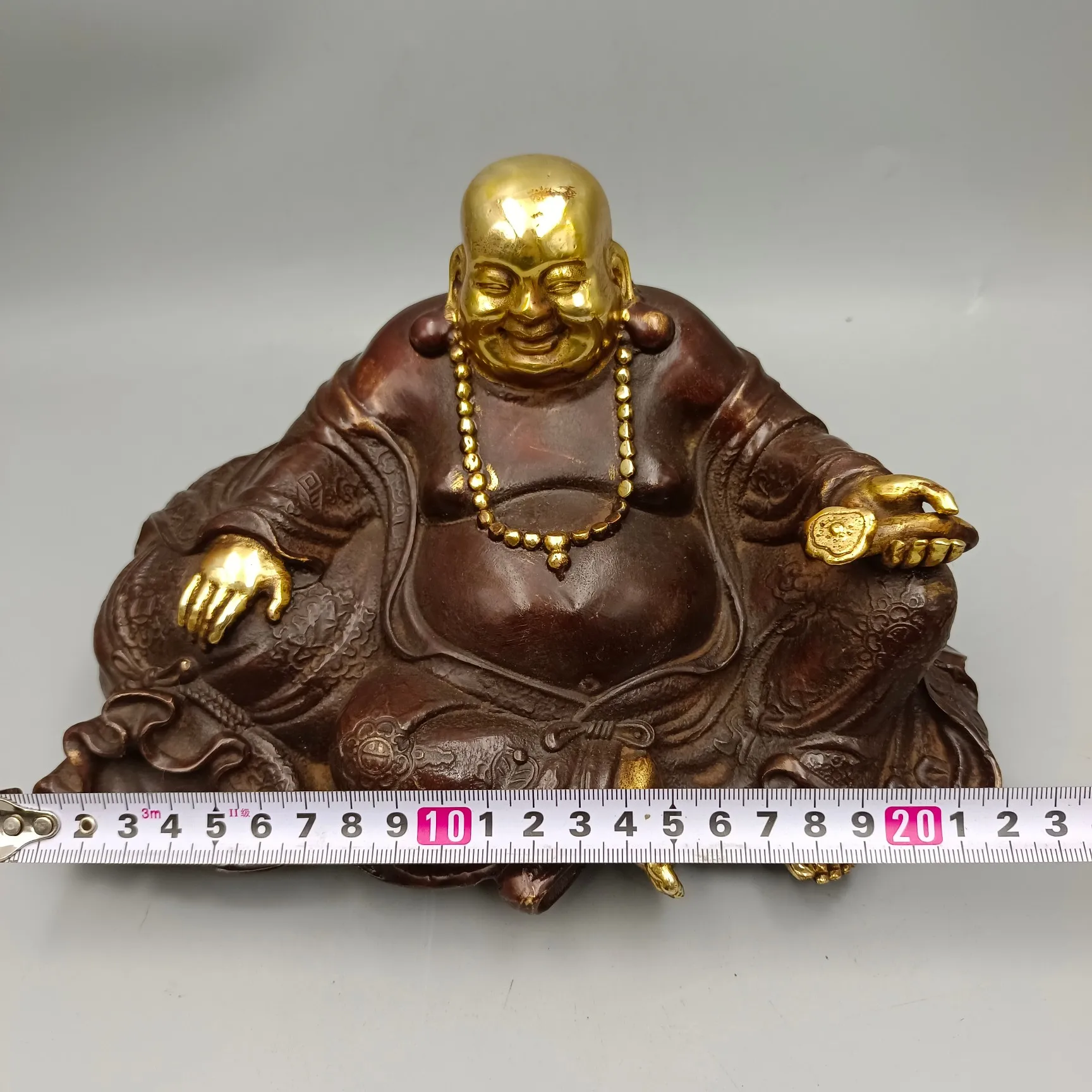 22 cm Red copper gilded Ruyi Maitreya Buddha antique bronze ware collection bronze statue polished delicate shape thick patina o