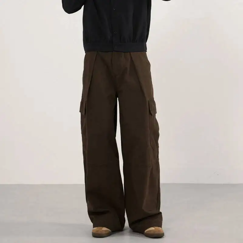 Vintage Men's Cargo Pants Solid Color Multi Pockets Patchwork Pleated Wide Leg Loose All-match Male Trousers Trendy 9XL2UQ