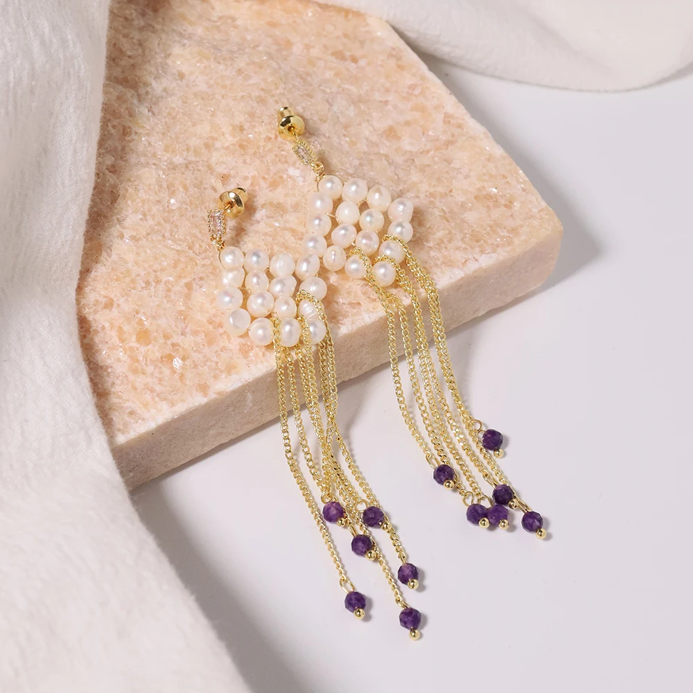 Natural Freshwater Pearl Diamond Tassel Earrings Korean Style Women Luxury Jewelry Fashion Ladies and Girls Gift GE1576