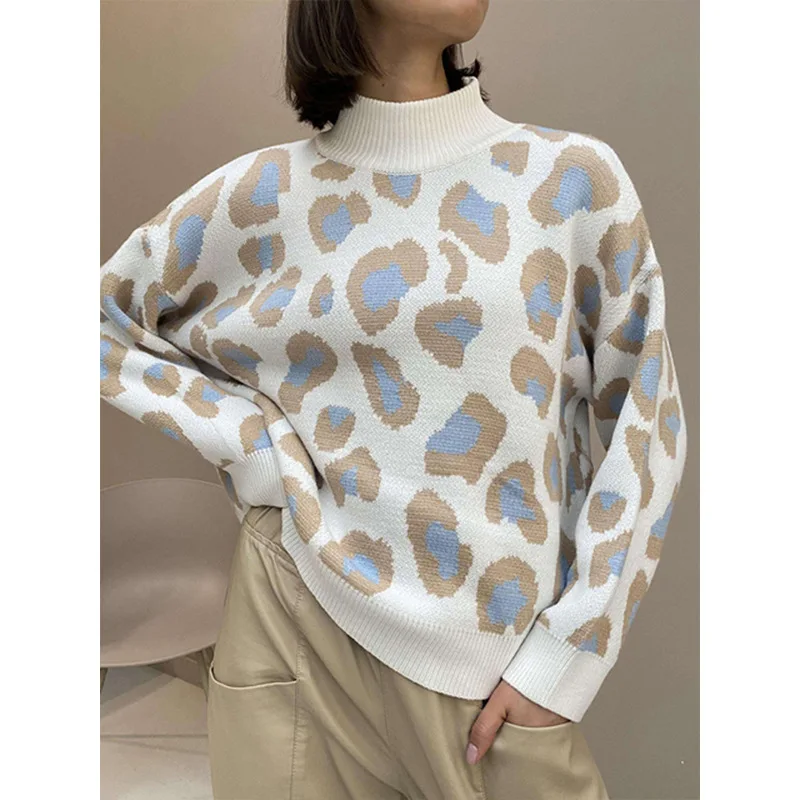 Winter Women\'s Sweater Leopard Print Animal Basic White Turtleneck Oversize Jumper Vintage Warm Knitted Sweaters for Women\'s