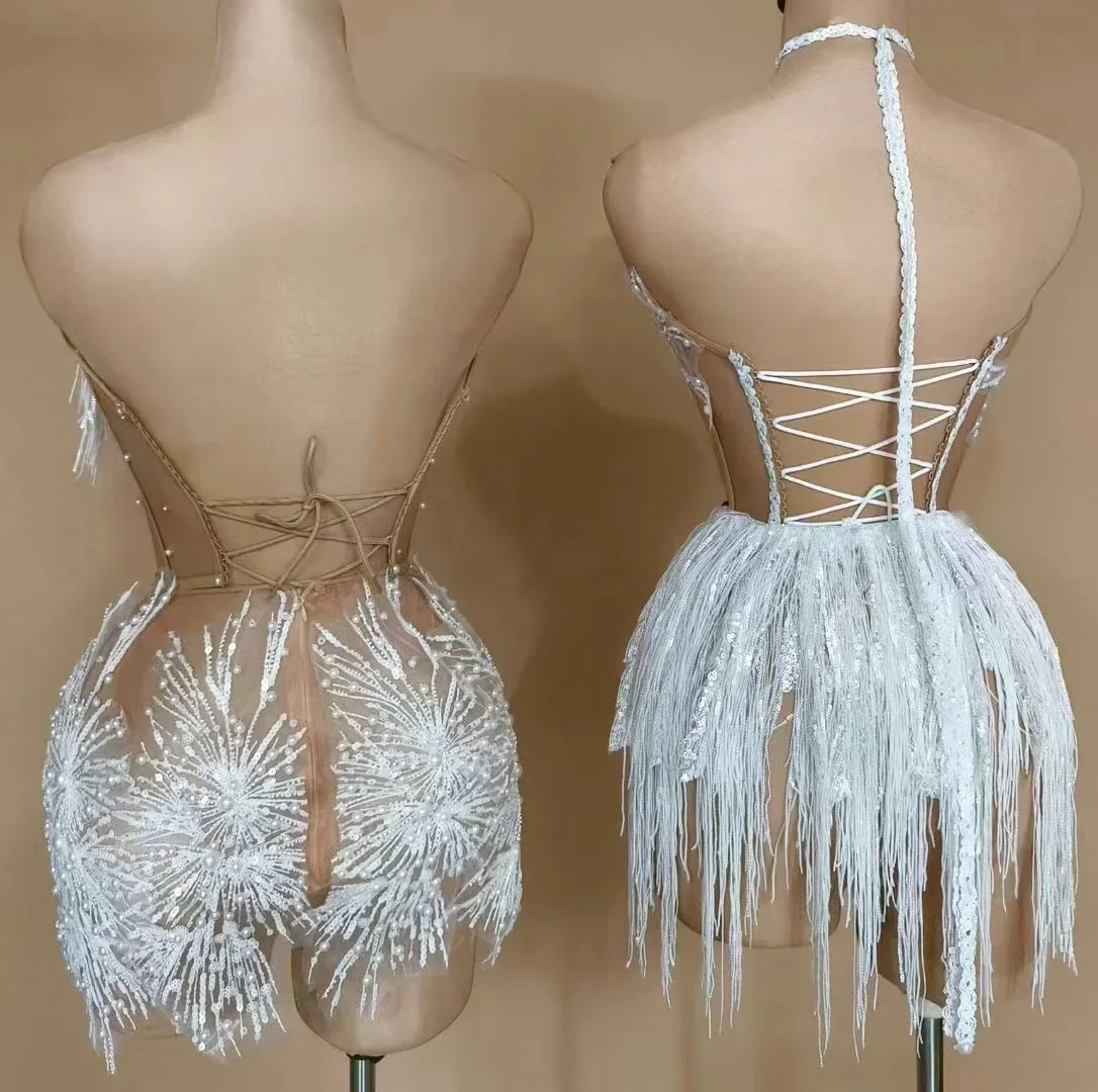 Nightclub Singer Dancer Stage Shinning Sequins Tassel Gold Sexy Backless Halter Sheath Dress Evening Party Performance Costume
