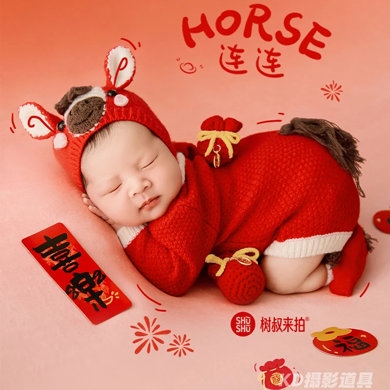Perlengkapan Fotografi Bayi Tema Kuda Poni Lucu, Jumpsuit Bayi Bentuk Kuda dengan Topi Senada 2026, Boneka Kuda Plush Lembut untuk Pemotretan