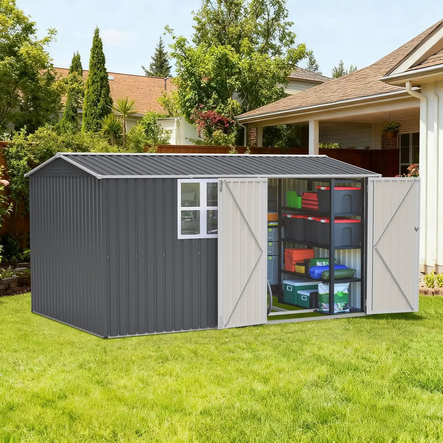 

12x8ft Waterproof Metal Outdoor Storage Shed Floor Lockable Door Sloped Roof Window Patio Backyard Lawn Tool, Customized