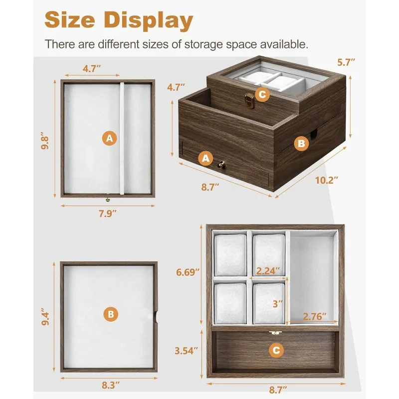 صندوق ساعة منظم مجوهرات للرجال مع علبة ساعة زجاجية حقيقية للخاتم والسوار والساعة والقلادة والأقراط والإكسسوارات