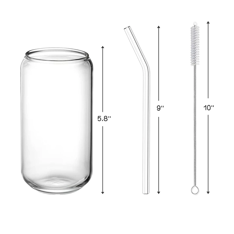 

Drinking Glasses With Glass Straw -16Oz Can Shaped Glass Cups, Beer Glasses, Iced Coffee Glasses,2 Cleaning Brushes 8Pcs