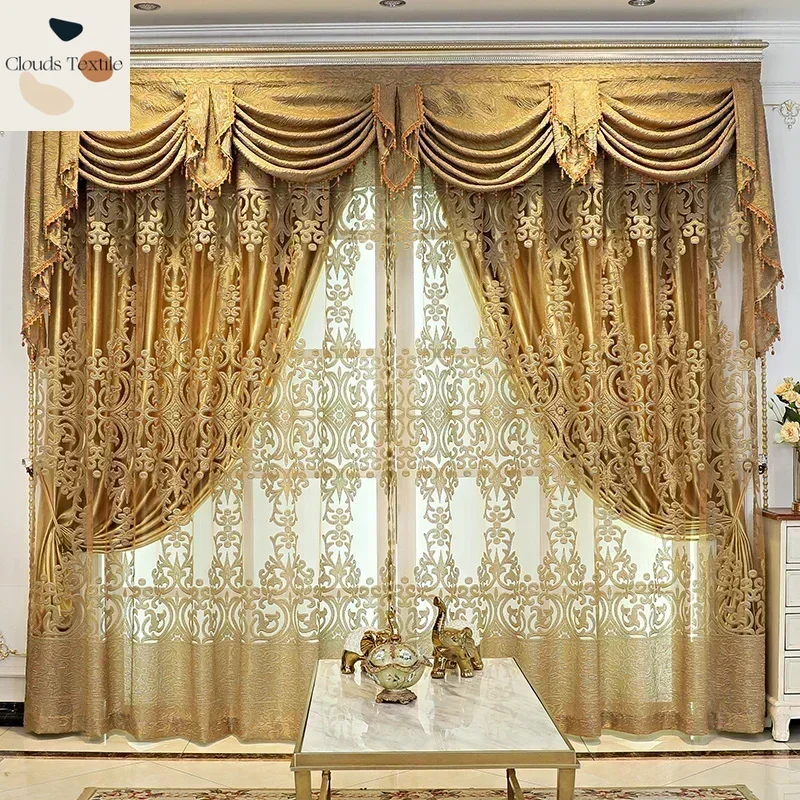 European Embroidery Luxury Gold Curtains for Living Room Bedroom Window High Quality Screen Tulle Valance Curtains Customize
