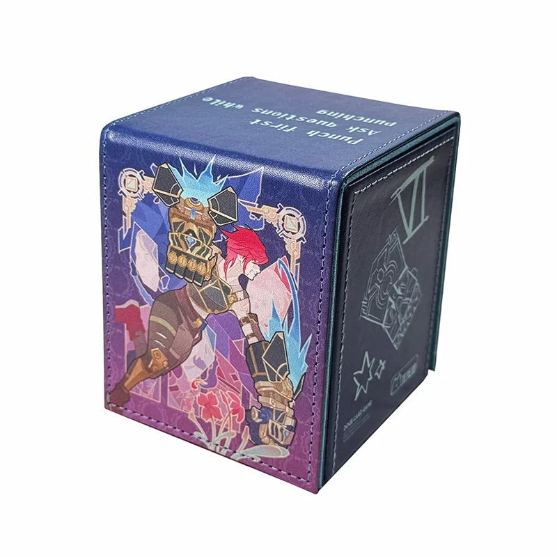 Boîte de rangement pour cartes en cuir de grande capacité, motif dessin animé The Piltover Enforcer Vi, épaissie, pour collection de cartes de jeu d'anime, 11*9*9cm