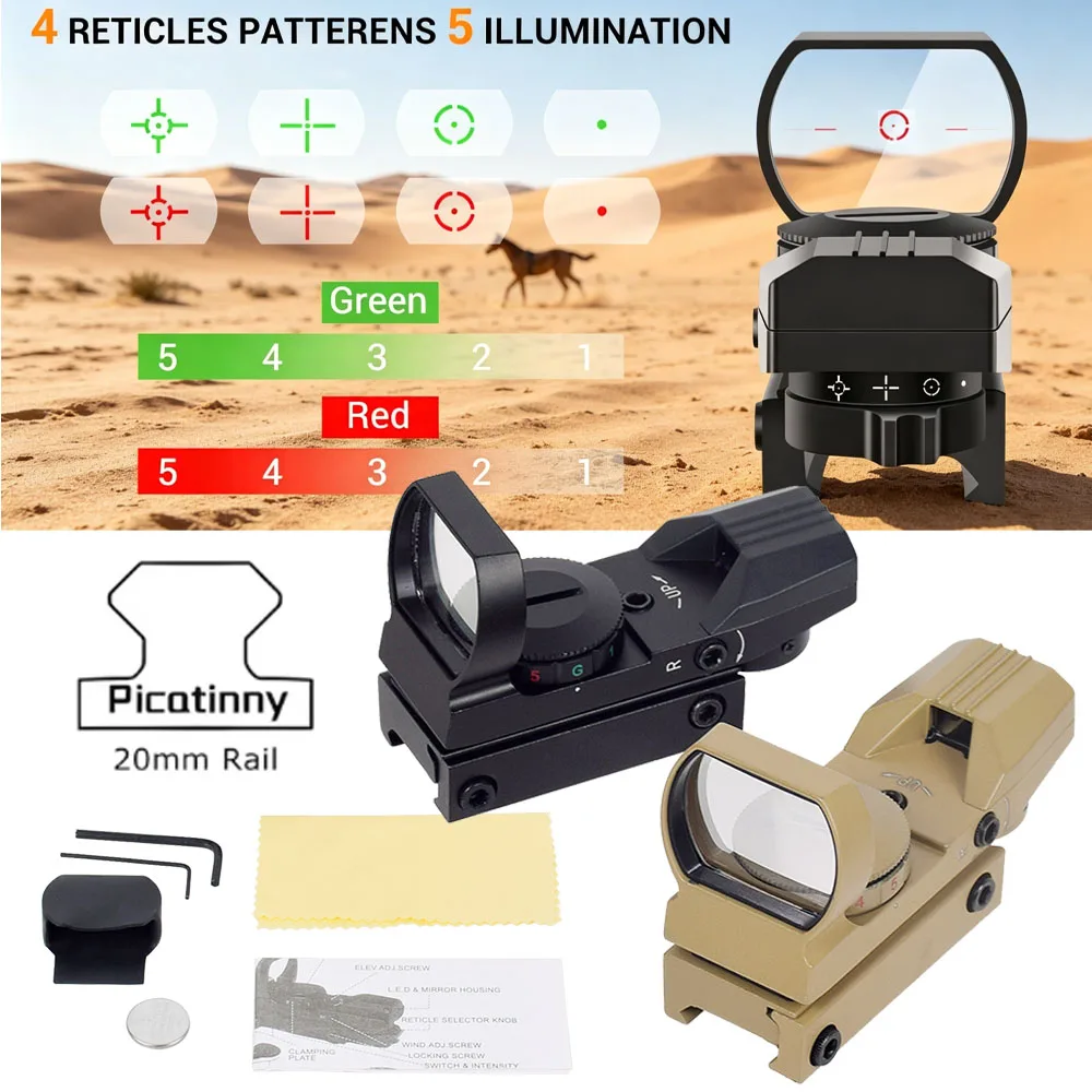 

Tactical Red Green Dot Sight Scope Optics scope Red Dot Sight Hunting Optics Reflex Sight with 20mm Rail 4 Reticle Collimator