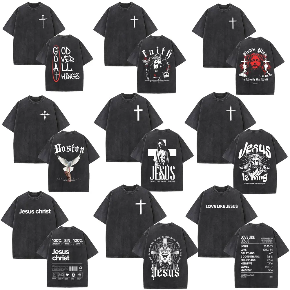 

Jesus Christian Bible Verse Vintage Washed T-shirts Men's Women Clothing Fashion Casual Cotton Short Sleeves Oversized T Shirts