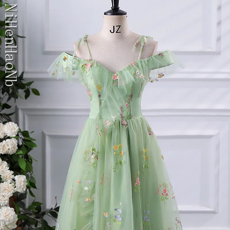 Vintage Green Prom Dresses Princess Homecoming Dress Romantic Floral Embroidery Women Vestidos De Noche