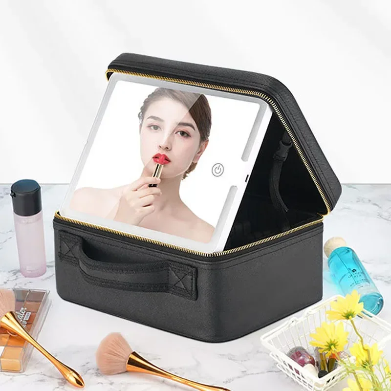 Smart LED Cosmetic Case Mirror Travel MakeupBag Large Capacity Female Beautician Skincare Product Women Portable Dressing Mirror