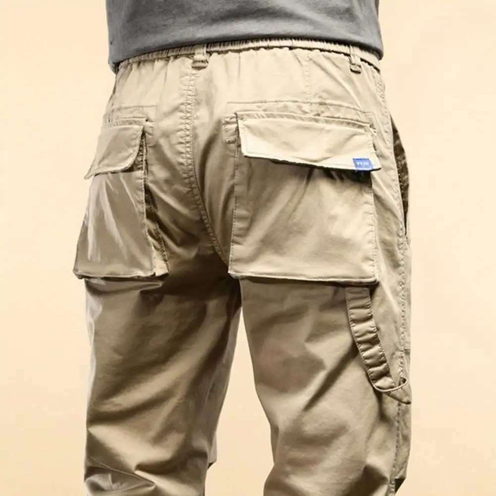 Adjustable Waist Men Trousers Men's Cargo Pants with Drawstring Elastic Waist Multiple Pockets Zipper Ankle-bands for Daily