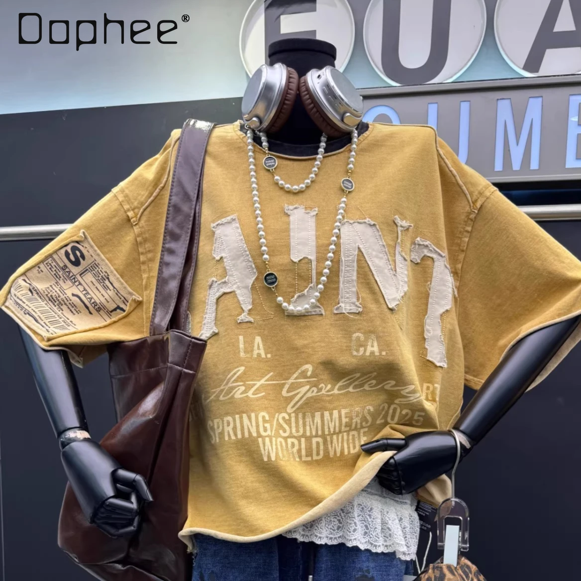 

American Style Street T-shirt 2026 Summer New Patch Letter Design Loose Casual Versatile Short Sleeve T-Shirt Women