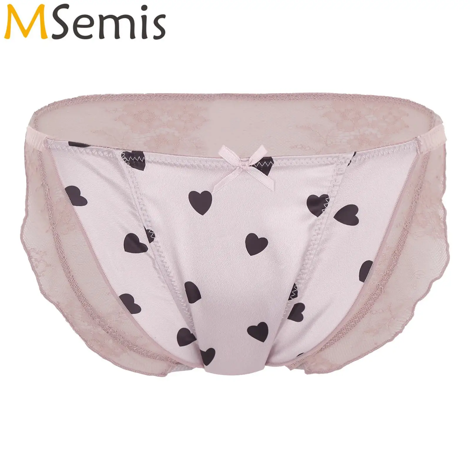 Womens Lingerie Bow Knot Frilly Underwear Mid Waist Ruffle Lace Underwear Heart Print Kawaii Japanese Panty Cute Briefs Panties