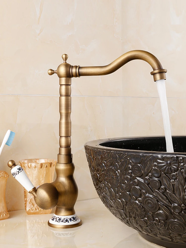 Antiek Messing Badkamer Aanrecht Kraan Dekmontage Warm en koud Kraan Vanity Sink Mengkranen Blauw en wit porseleinen handvat - afbeelding 2