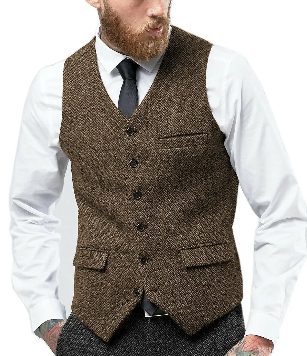 

Men's Tweed Vest Herringbone V-neck Vintage Wedding Wool Slim Party Business Groomsmen Clothing Men's Wedding Waistcoat