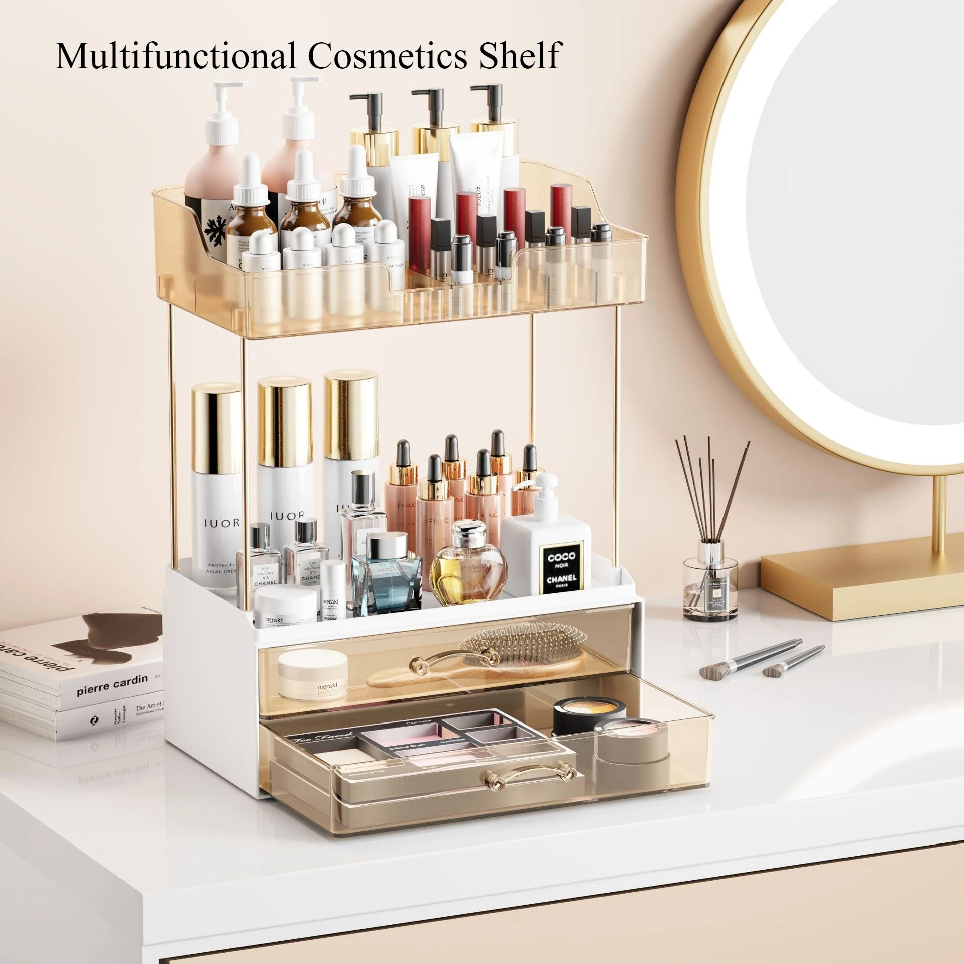 

Luxury Makeup Organizer - Vanity Desktop Storage Tray for Skincare, Dormitory Cosmetic Shelf with Mirror Bathroom Accessories