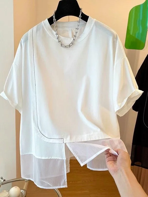 

plus Size Women's Summer Fashion T-Shirt Loose Short Sleeve Fake Two-Piece Irregular Hemline for Plump MM Korean Style Commute