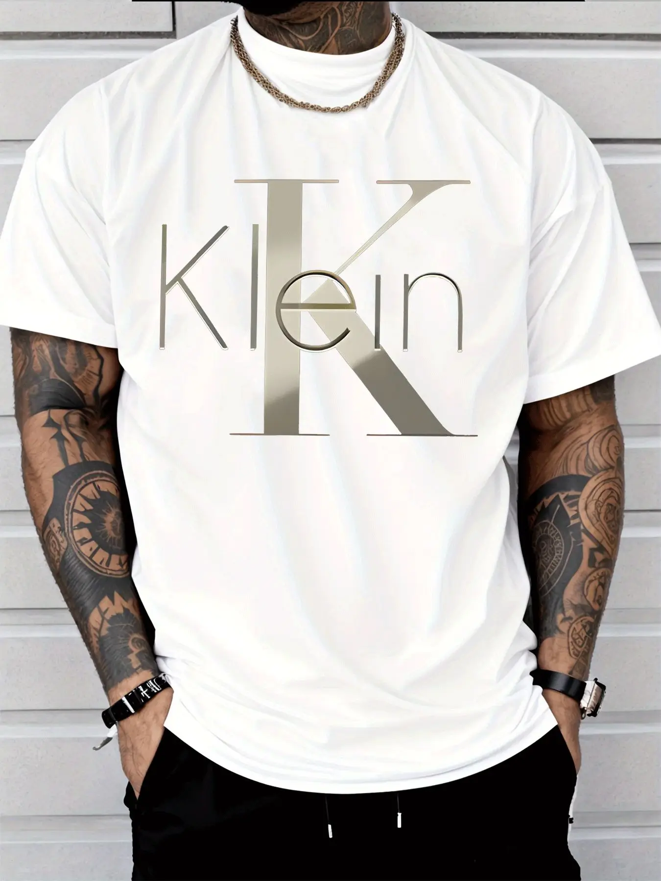 New Men's Short-sleeved Fashionable Casual Street Style Graphic T-shirt Metallic Gold K-letter Logo Adult Men's Casual Clothing