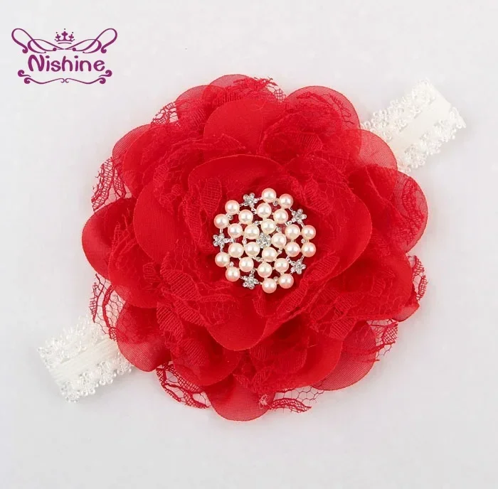 1PCS Cute Lace Chiffon Flower with Pearl Rhinestone Button Center Elastic Kids Girls Headband Party Birthday Gift Headwear