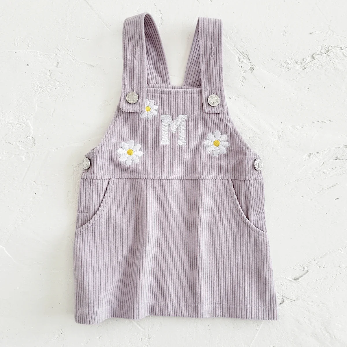 Toddler Baby Girl Suspender Dress Corduroy Daisy & Letter M Embroidery Sleeveless Pinafore Skirt with Side Pockets