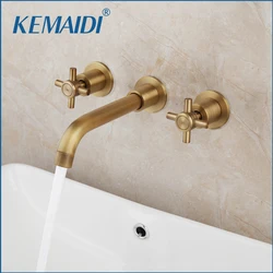 KEMAIDI Basin Faucets Luxury  Antique Brass Retro Vintage Wall Mounted Bathroom Faucet 3 Pcs 2 Handle Lavatory Sink Mixer Taps