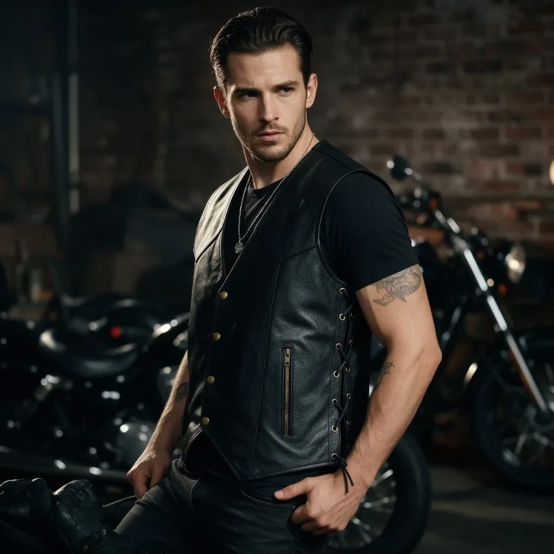 Mens Black PU Leather Motorcycle Vest Sleeveless V Neck Biker Waistcoat Lace Up  Sides Button Front Zipper Pocket