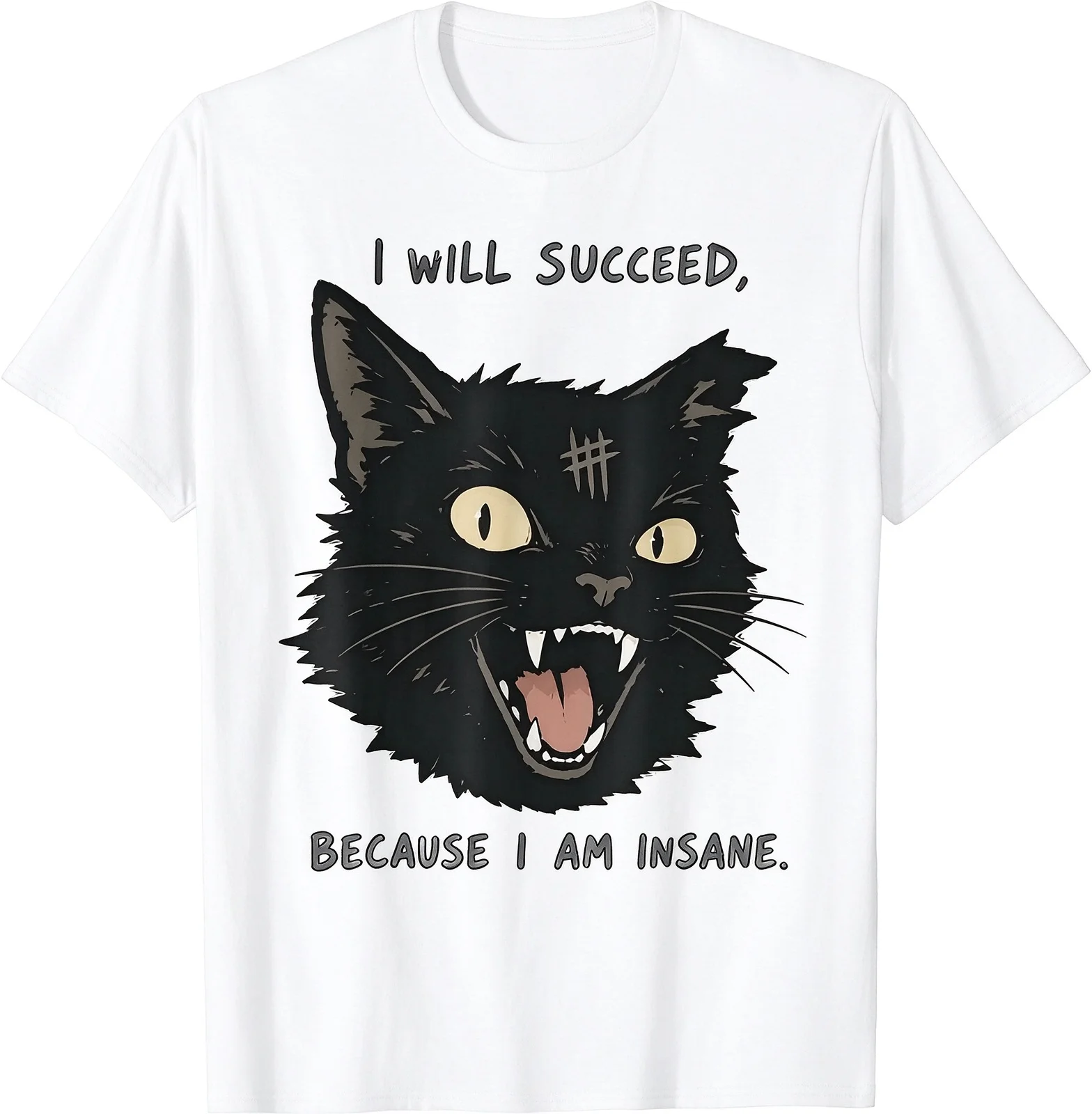 Will Succeed Because I Am Insane Black Cat Funny Saying T-Shirt Men Women Unisex Novelty Graphic T‑Shirt