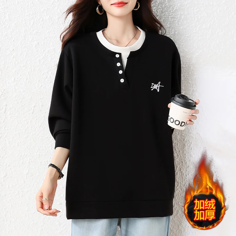 Winter Warm Women Fleece Sweatshirt Long Sleeve Embroidered Thick Pullover Loose Casual Black Pullover Fashion Couple Sweatshirt