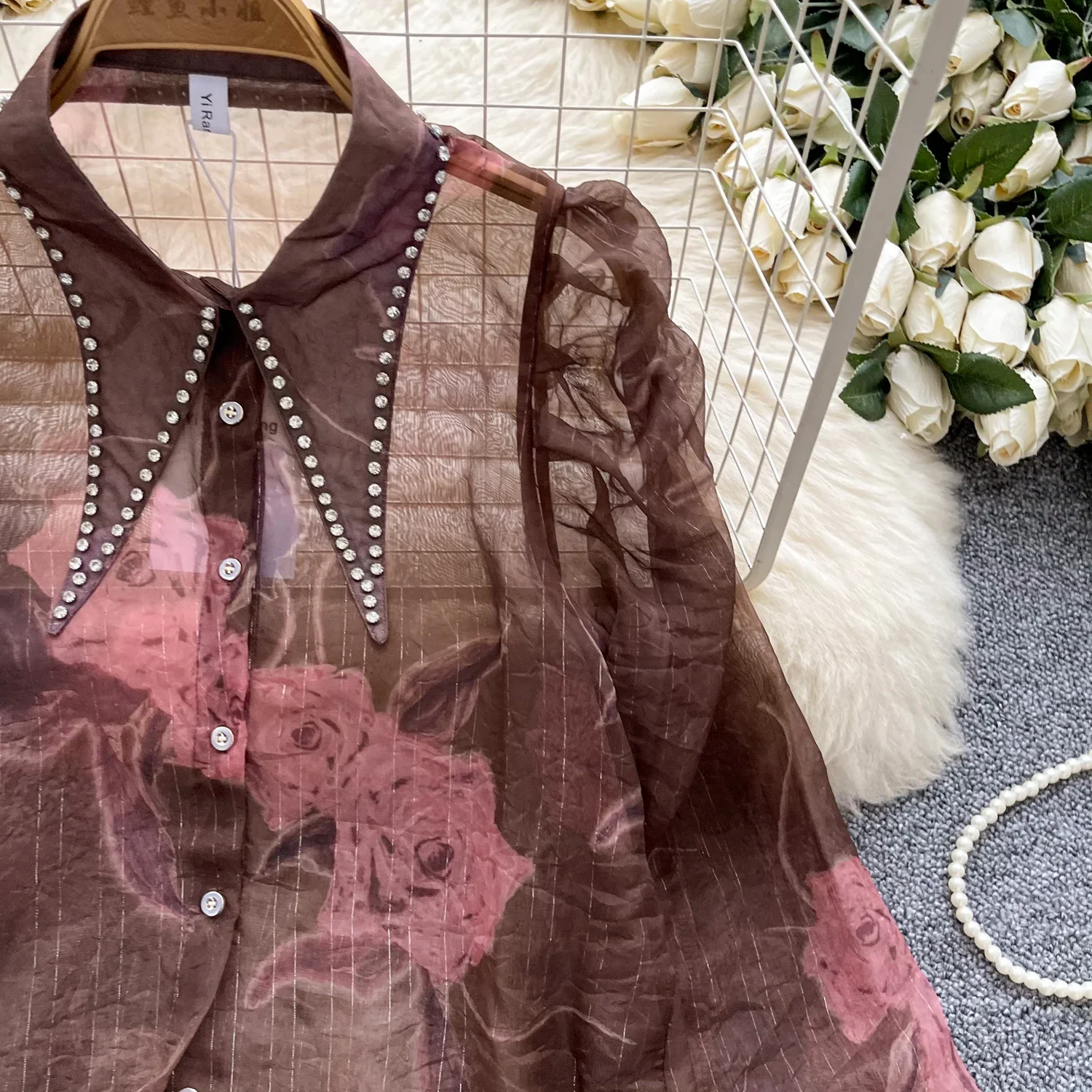 Chic Turn-down Collar Vintage Rhinestone Pleated Lantern Sleeve See Through Korean Women Streetwear High Street Autumn Blouse