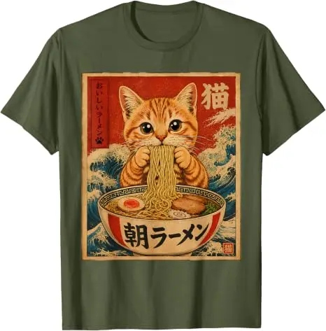 Lustiges Katzen-Ramen-Grafik Retro Japanisches Kawaii Anime Nudel T-Shirt Y2k Cartoon Weiches Baumwoll-T-Shirt für Frauen Männer Harajuku Tees – Detail 11