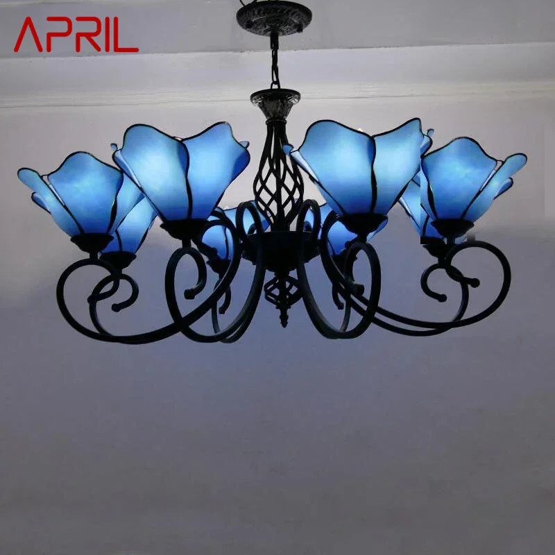 

APRIL Tiffany European Living Room Pendant Lamp Mediterranean Sea Creative Color Glass restaurant Bedroom Hotel Chandelier