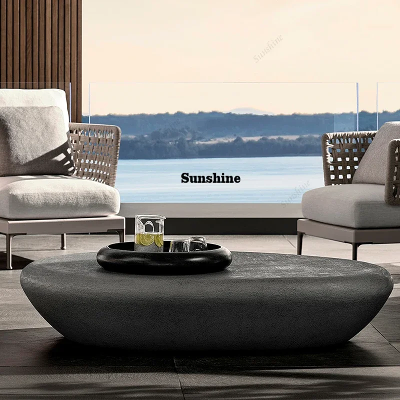 โต๊ะกาแฟกลางแจ้งทรงวงรีคอนกรีตสไตล์นอร์ดิกมินิมอล ดีไซน์กลางศตวรรษ เฟอร์นิเจอร์ห้องนั่งเล่นสมัยใหม่ FT