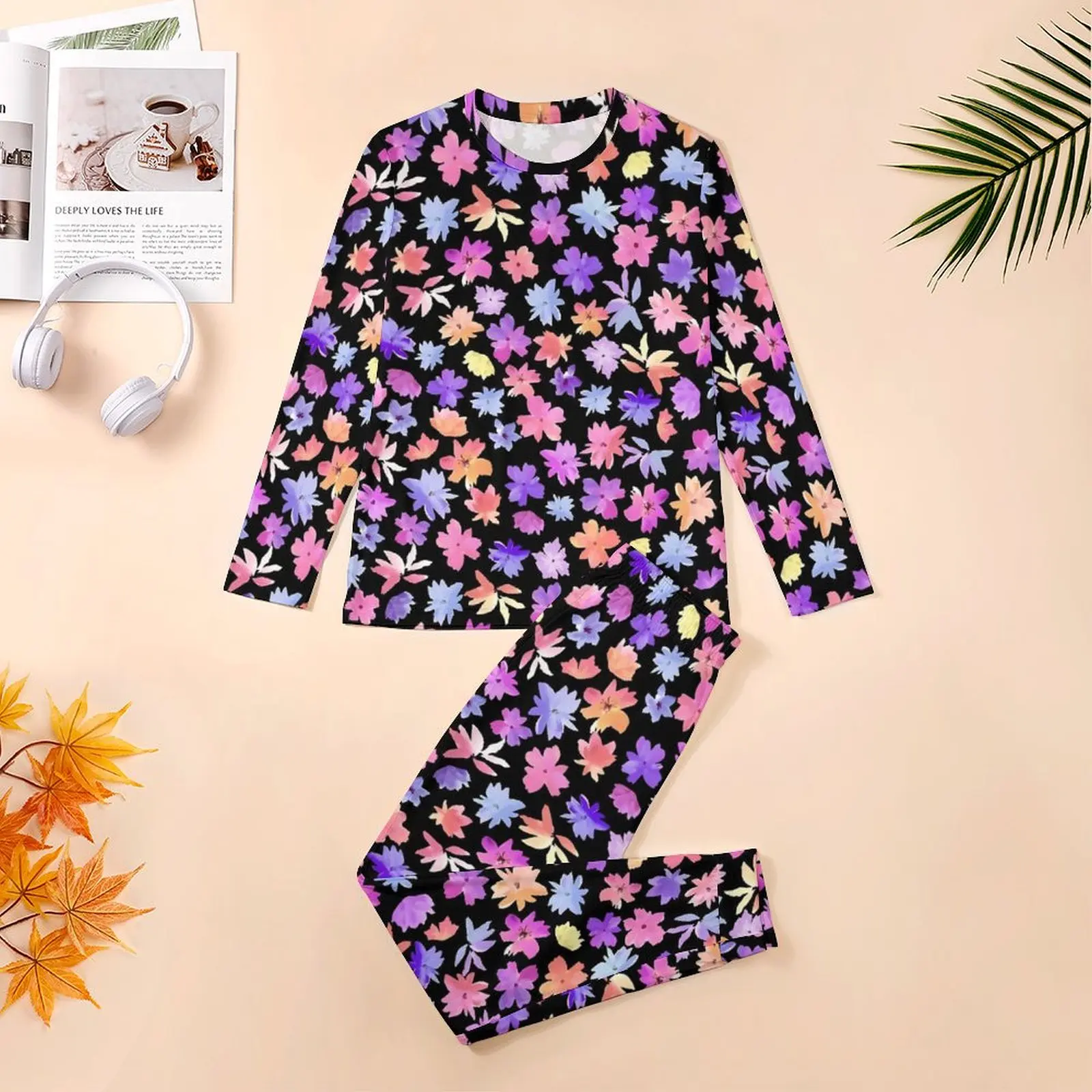 Vibrant Ditsy Floral Pajamas Autumn 2 Piece Flower Print Kawaii Pajama Sets Men Long Sleeve Casual Graphic Home Suit Big Size