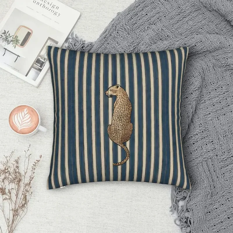Bohemian Leopard Blue Striped Pillow Cover, Soft Double-Sided Polyester Cushion Case for Home Sofa Car Decoration