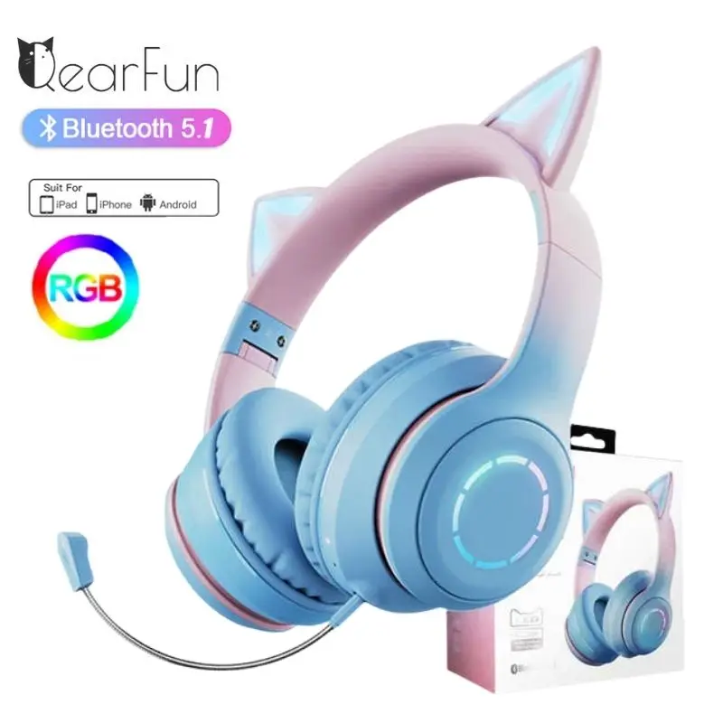 Cat Ear Wireless Bluetooth Headphones Headset Gamer Girl RGB Helmet Stereo fone Earphone With Microphone For Phone iPad