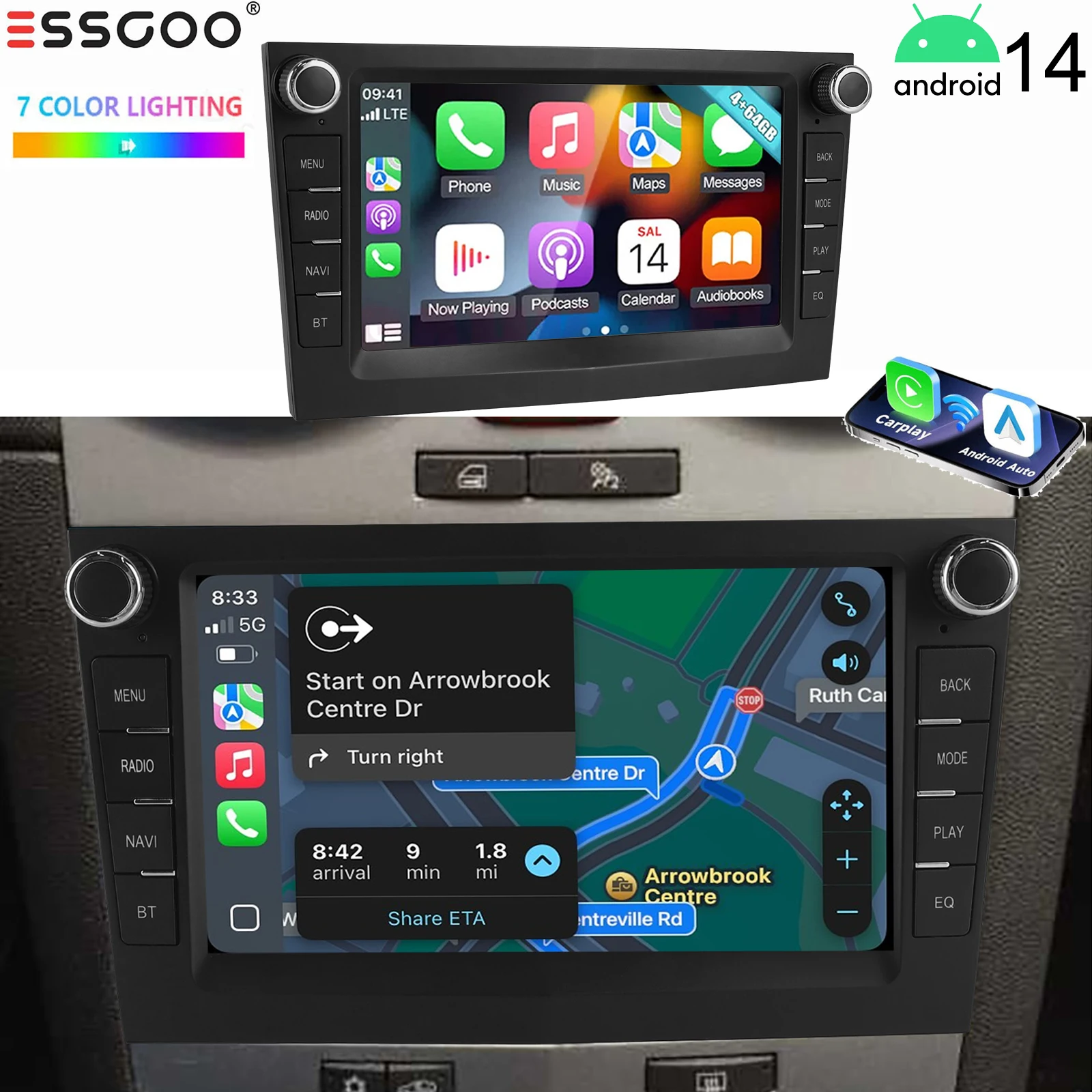 ESSGOO Black Carplay For Opel/Vauxhall Corsa D Astra H Zafira Android 14 GPS NAVI AI Voice Control 7” Car Stereo WIFI BT SWC RDS image 3