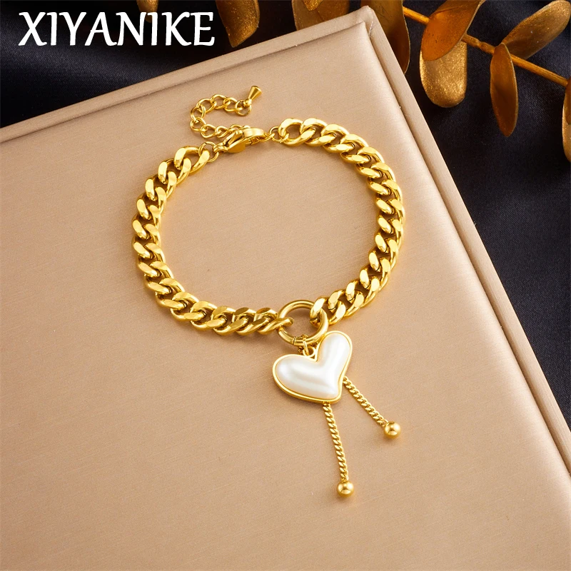 XIYANIKE 316L Stainless Steel Charm White Heart Bracelet For Women Girls 2023 Fashion Hip Hop Wrist Chain Jewelry Gifts Party