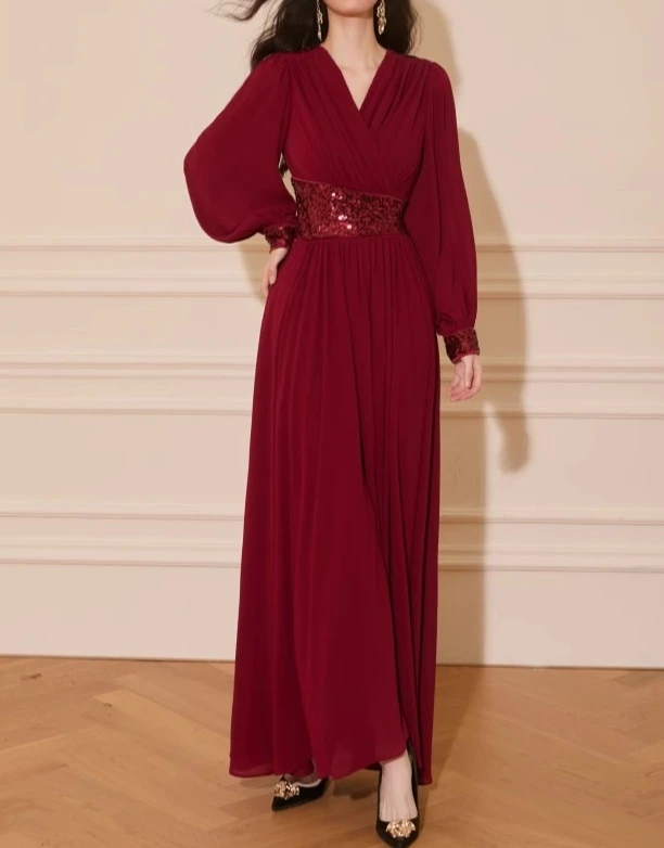 

Dark Red Elegant Dress Women V-neck Long Sleeve Sequin Embroidery Clothing Lady Streetwear Chic Vintage Party Vestidos Bodycon