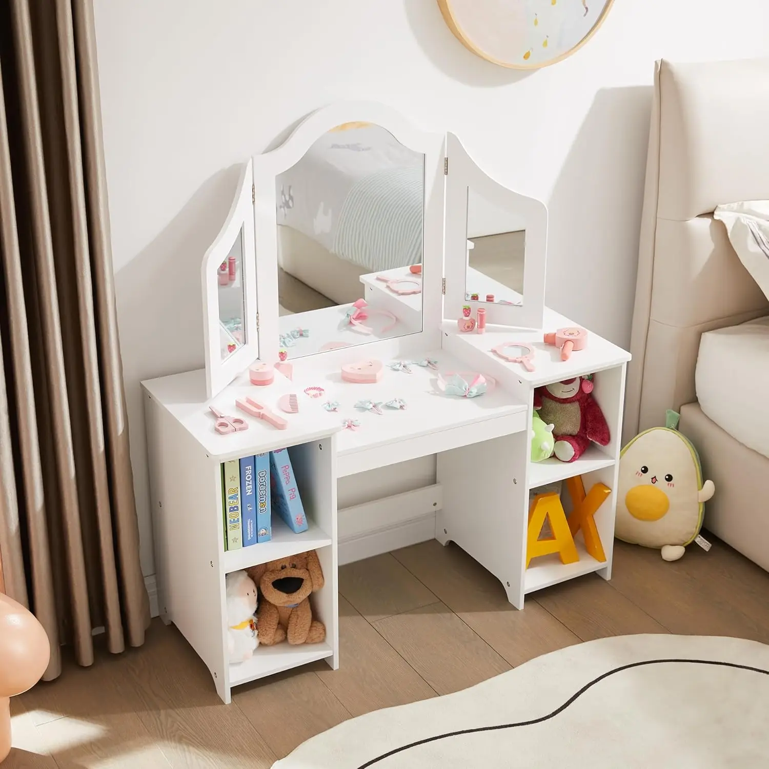 2 in 1 Kids Vanity, Princess Makeup Table with Open Storage Cabinet, Pretend Play Vanity with Detachable Tri-fold Mirror for