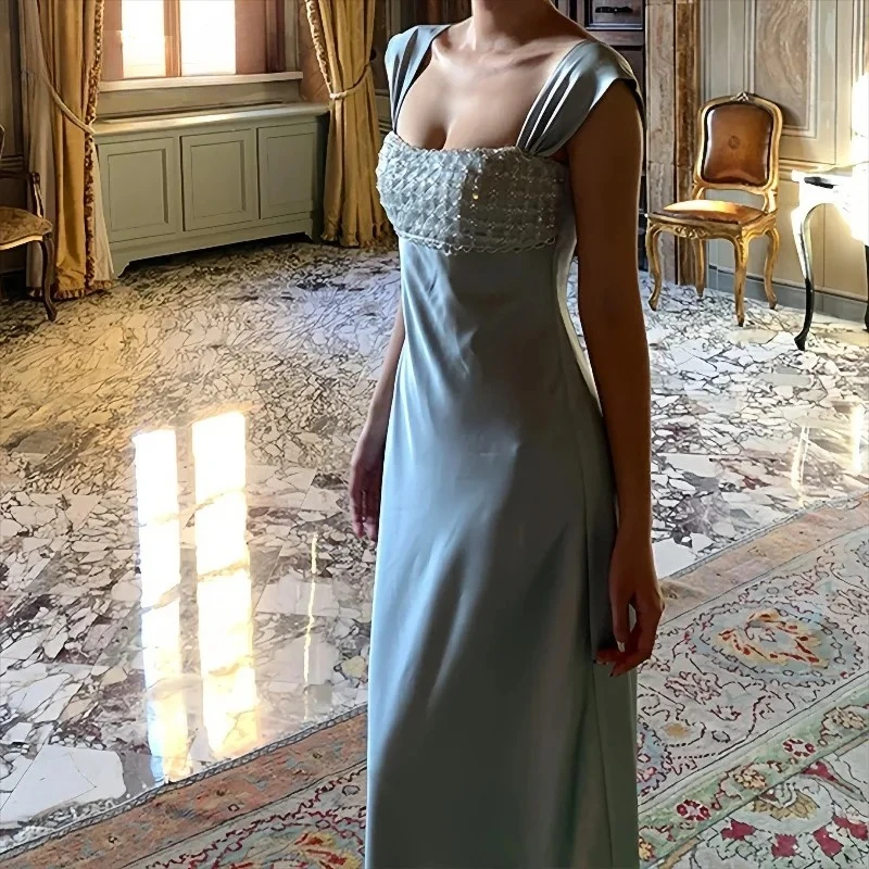 Women's Dress Sequined A-line Square Neck Charming Evening Dresses Occasion Simple Sparkle Silk Satin Floor-Length