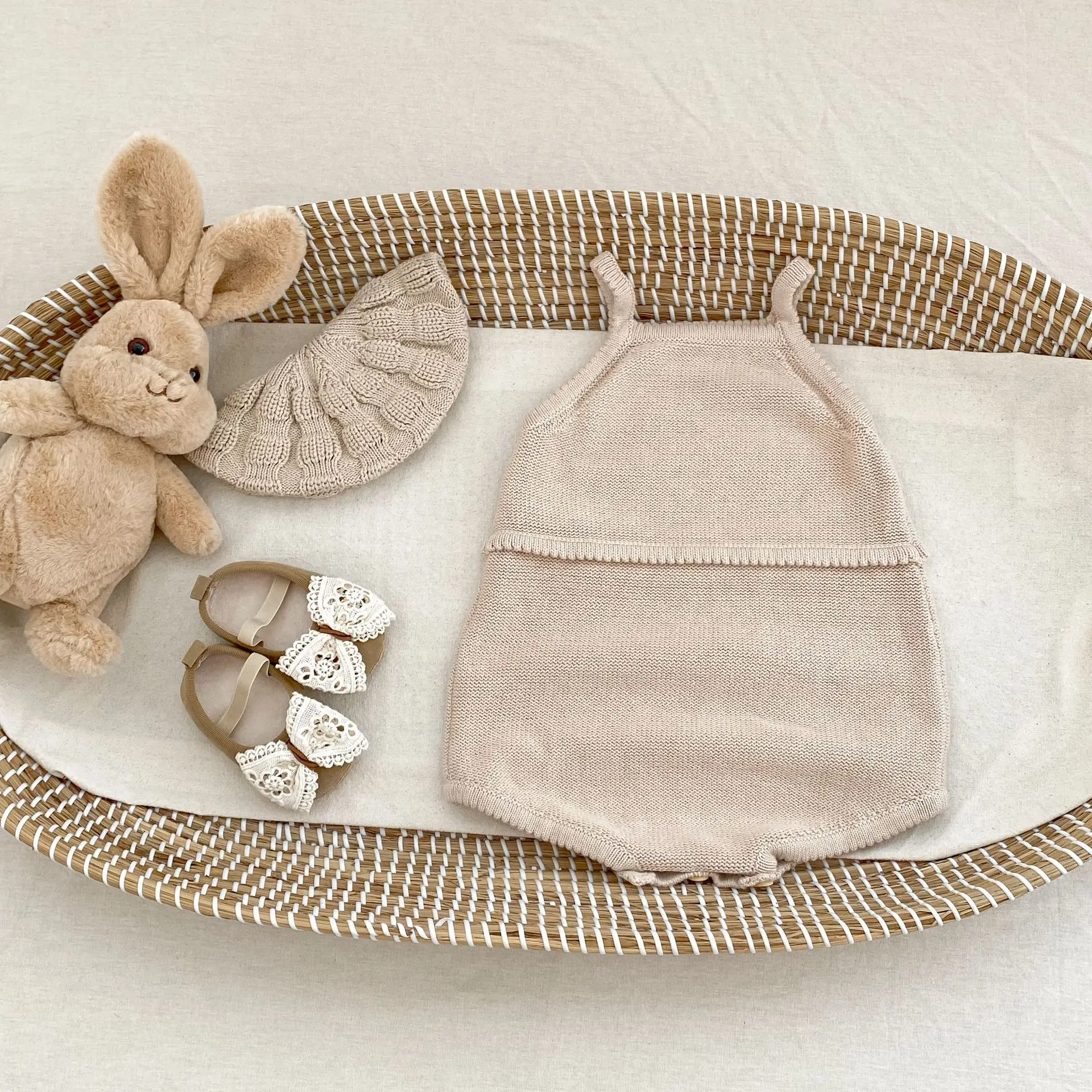 Straps Cable Baby Romper Knitted Infant Jumpsuit Cream Cotton Toddler Playsuit