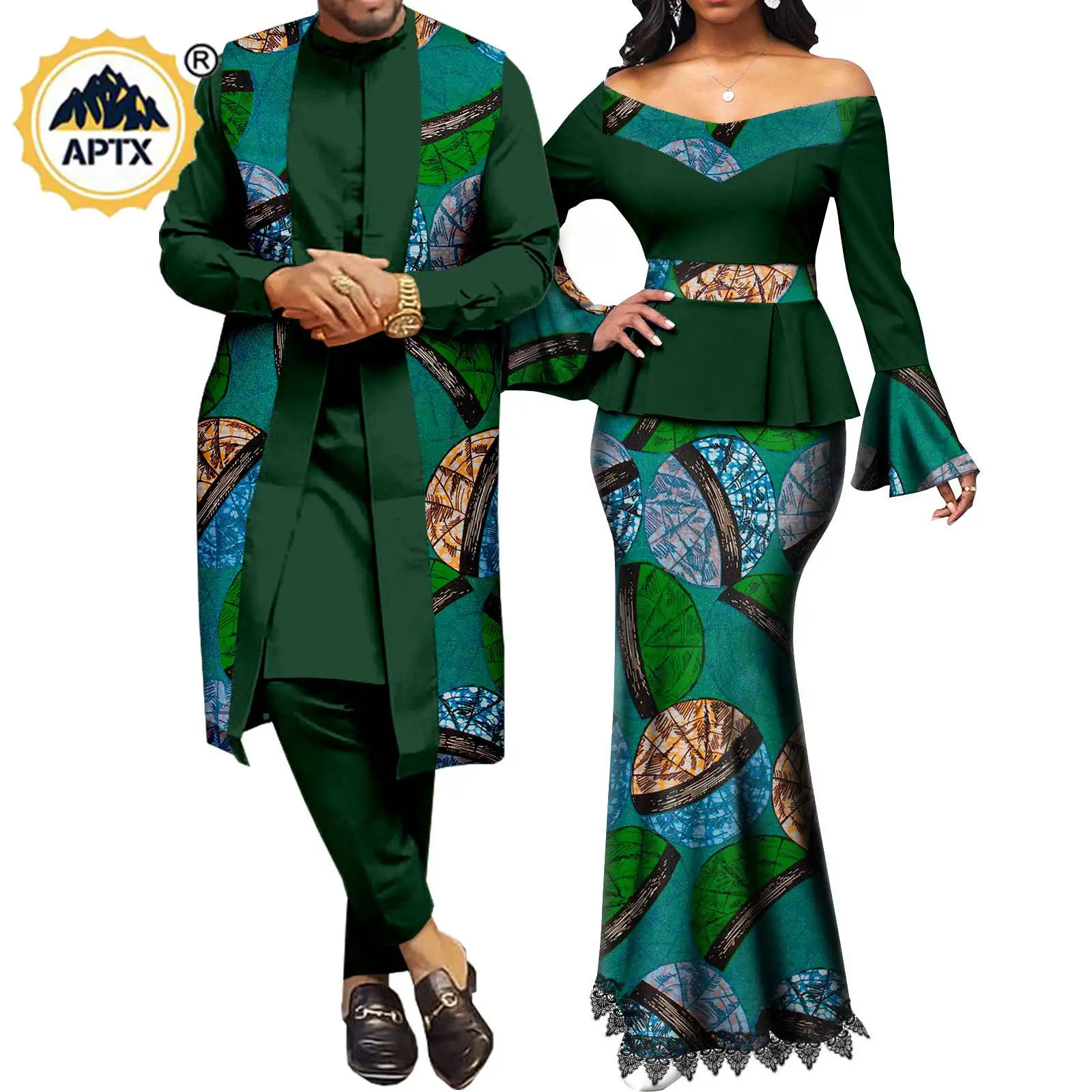 African Clothes for Couples Matching Outfits Metallic Women Print Lace Top and Mermaid Skirt Sets Dashiki Men Outwear Y22C041