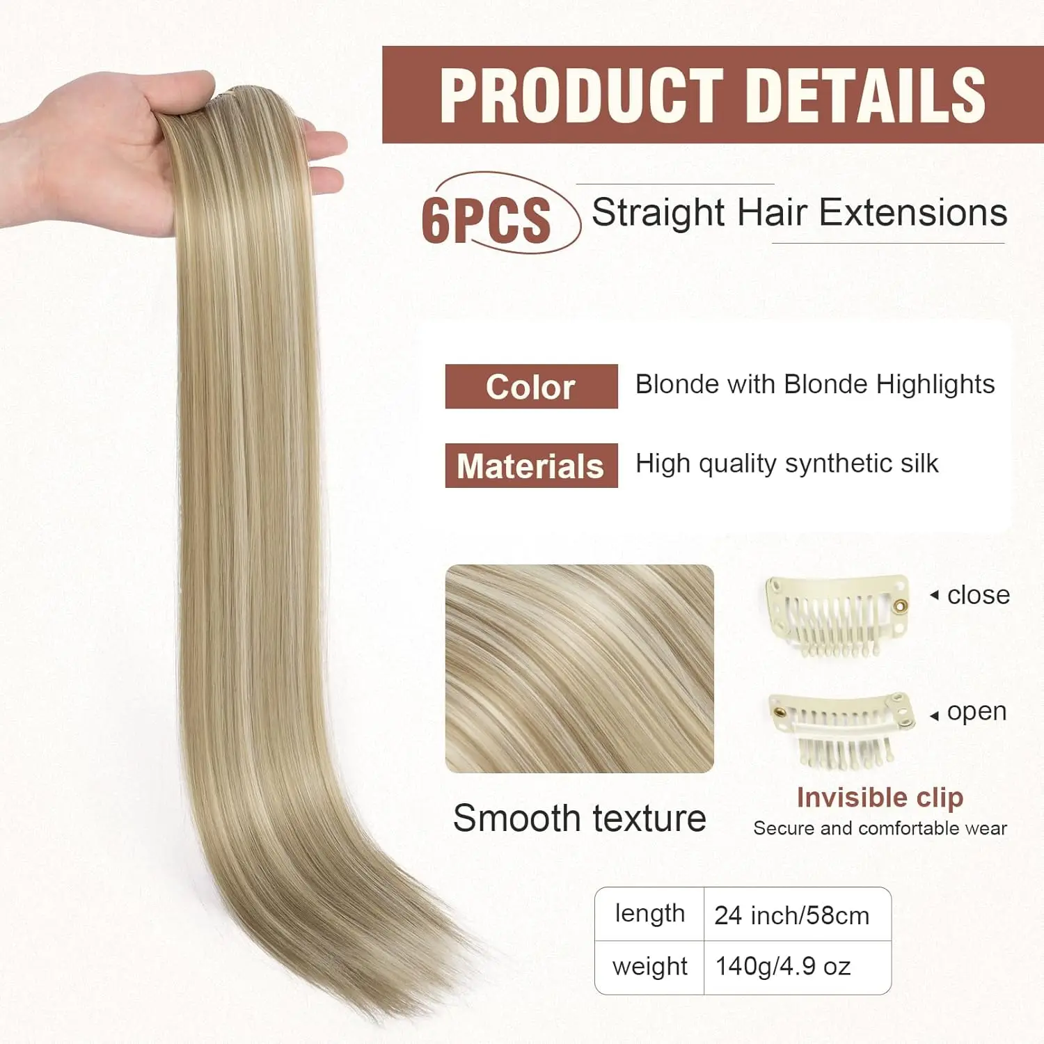 Extensiones de Cabello sintético largo y liso para mujer, 6 piezas, 16Clips, postizos marrones y rubios con Clips